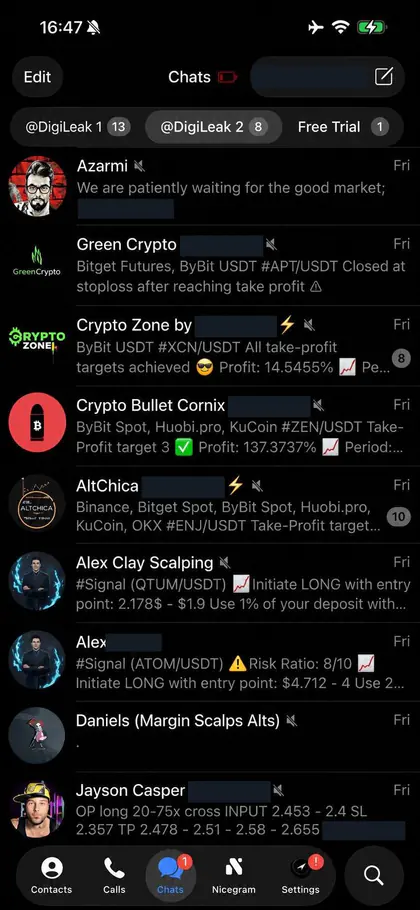 Telegram chat list inside the DIGI LEAK bot, screen 7 of 29, showing VIP signal rooms and their latest messages