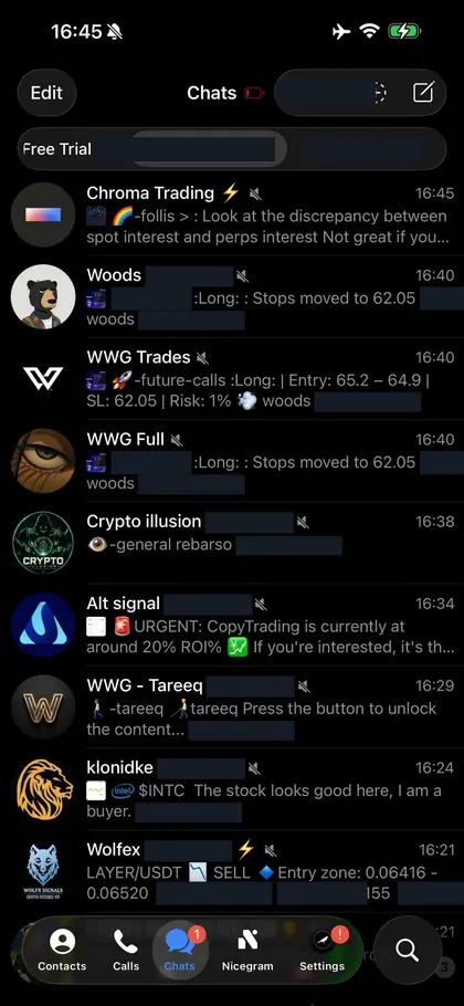 Telegram chat list inside the DIGI LEAK bot, screen 8 of 29, showing VIP signal rooms and their latest messages