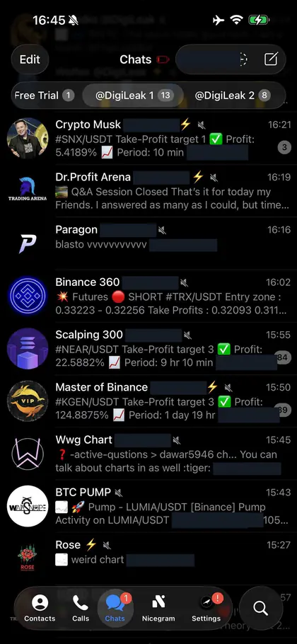 Telegram chat list inside the DIGI LEAK bot, screen 9 of 29, showing VIP signal rooms and their latest messages