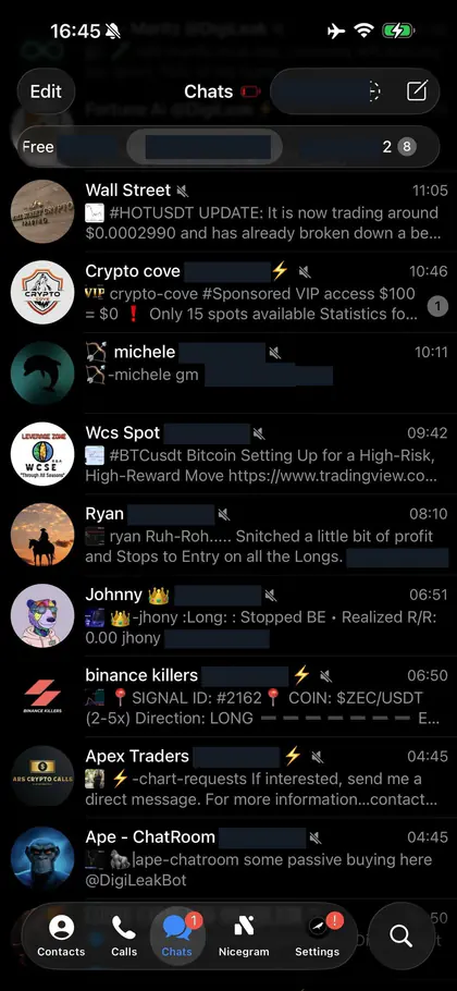 Telegram chat list inside the DIGI LEAK bot, screen 11 of 29, showing VIP signal rooms and their latest messages