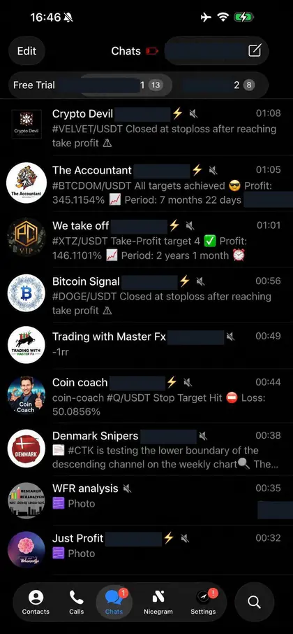 Telegram chat list inside the DIGI LEAK bot, screen 14 of 29, showing VIP signal rooms and their latest messages