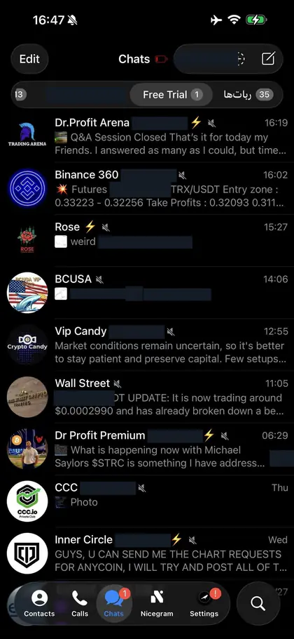 Telegram chat list inside the DIGI LEAK bot, screen 19 of 29, showing VIP signal rooms and their latest messages