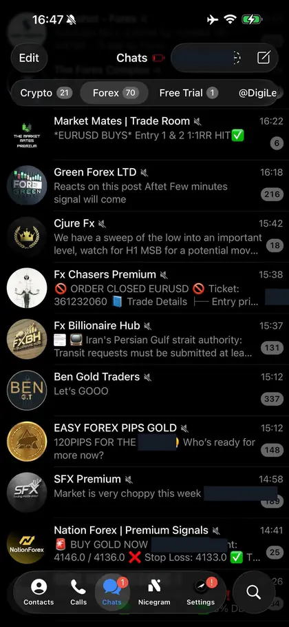 Telegram chat list inside the DIGI LEAK bot, screen 21 of 29, showing VIP signal rooms and their latest messages