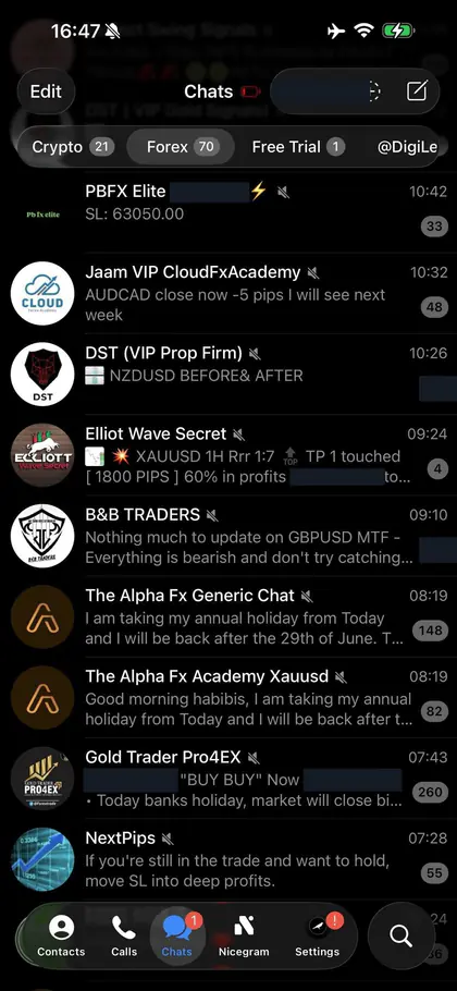 Telegram chat list inside the DIGI LEAK bot, screen 23 of 29, showing VIP signal rooms and their latest messages