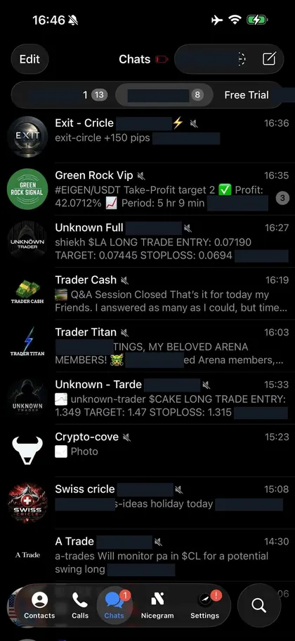 Telegram chat list inside the DIGI LEAK bot, screen 1 of 29, showing VIP signal rooms and their latest messages