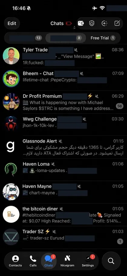 Telegram chat list inside the DIGI LEAK bot, screen 3 of 29, showing VIP signal rooms and their latest messages