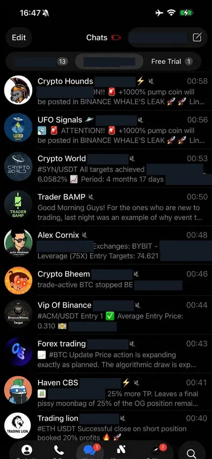 Telegram chat list inside the DIGI LEAK bot, screen 4 of 29, showing VIP signal rooms and their latest messages