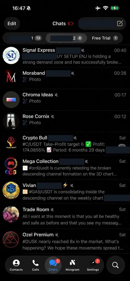 Telegram chat list inside the DIGI LEAK bot, screen 5 of 29, showing VIP signal rooms and their latest messages