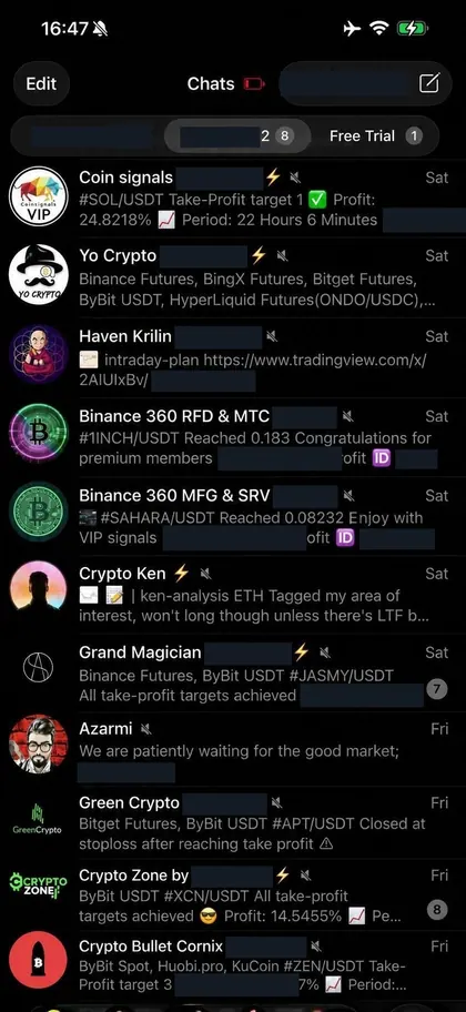 Telegram chat list inside the DIGI LEAK bot, screen 6 of 29, showing VIP signal rooms and their latest messages