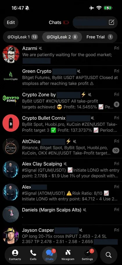 Telegram chat list inside the DIGI LEAK bot, screen 7 of 29, showing VIP signal rooms and their latest messages