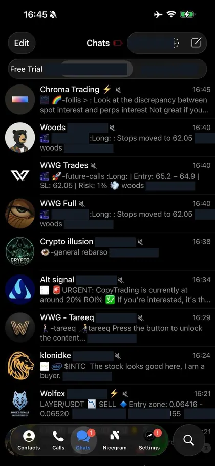 Telegram chat list inside the DIGI LEAK bot, screen 8 of 29, showing VIP signal rooms and their latest messages