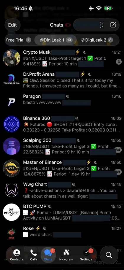 Telegram chat list inside the DIGI LEAK bot, screen 9 of 29, showing VIP signal rooms and their latest messages