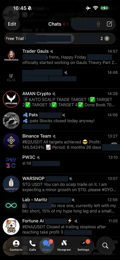 Telegram chat list inside the DIGI LEAK bot, screen 10 of 29, showing VIP signal rooms and their latest messages