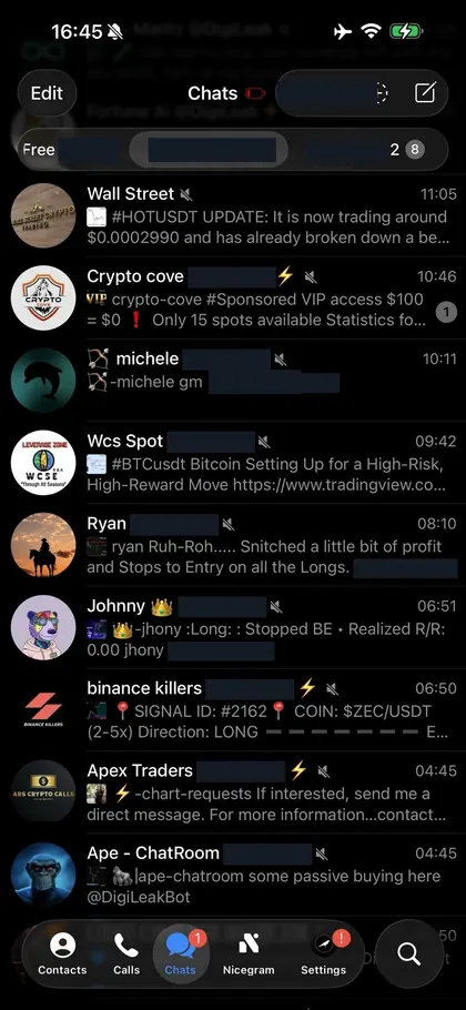 Telegram chat list inside the DIGI LEAK bot, screen 11 of 29, showing VIP signal rooms and their latest messages