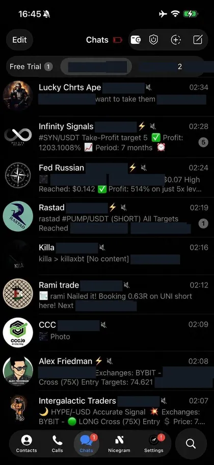 Telegram chat list inside the DIGI LEAK bot, screen 12 of 29, showing VIP signal rooms and their latest messages