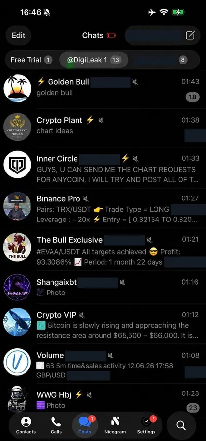 Telegram chat list inside the DIGI LEAK bot, screen 13 of 29, showing VIP signal rooms and their latest messages