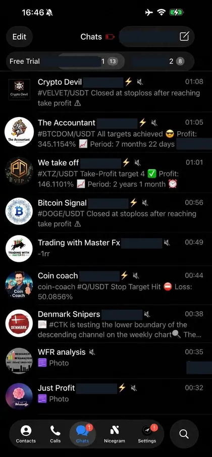 Telegram chat list inside the DIGI LEAK bot, screen 14 of 29, showing VIP signal rooms and their latest messages