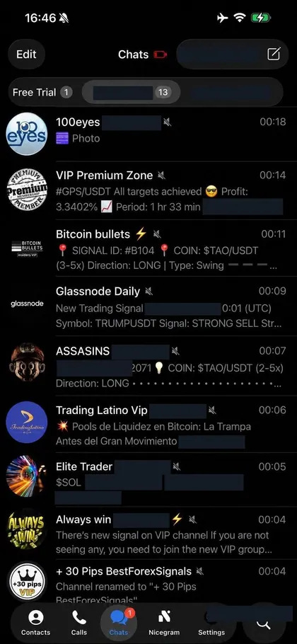 Telegram chat list inside the DIGI LEAK bot, screen 15 of 29, showing VIP signal rooms and their latest messages