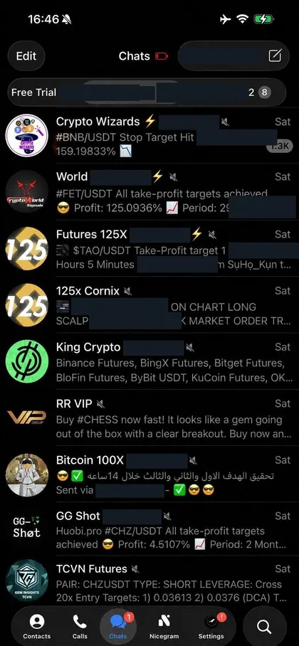 Telegram chat list inside the DIGI LEAK bot, screen 16 of 29, showing VIP signal rooms and their latest messages