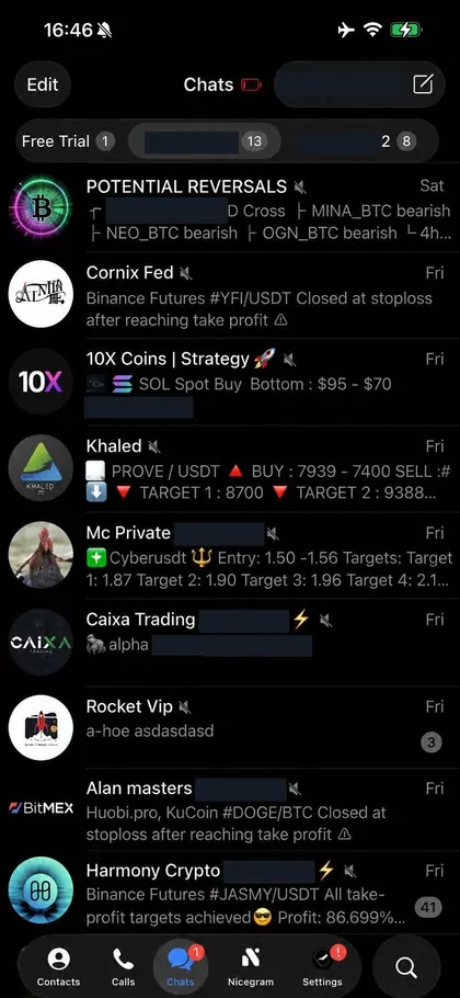 Telegram chat list inside the DIGI LEAK bot, screen 17 of 29, showing VIP signal rooms and their latest messages