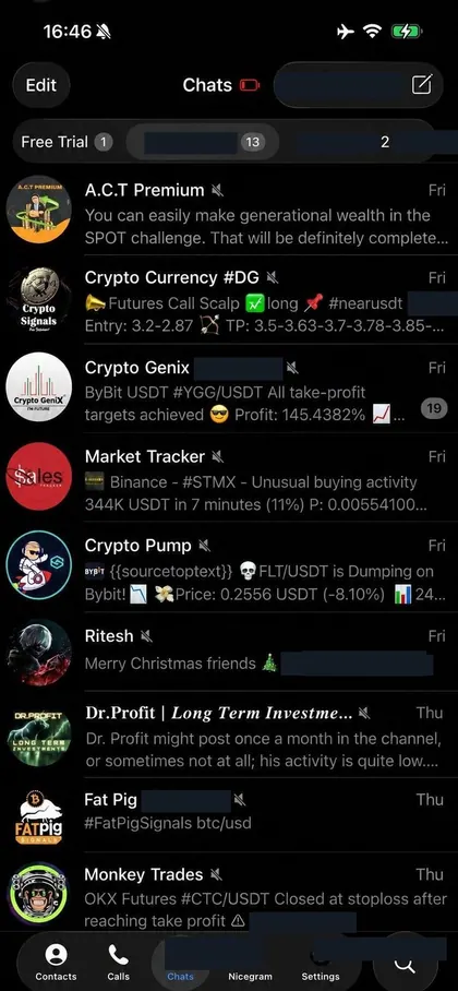 Telegram chat list inside the DIGI LEAK bot, screen 18 of 29, showing VIP signal rooms and their latest messages