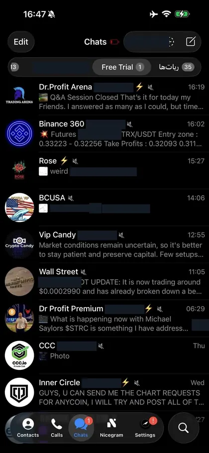 Telegram chat list inside the DIGI LEAK bot, screen 19 of 29, showing VIP signal rooms and their latest messages