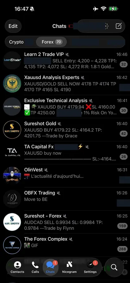 Telegram chat list inside the DIGI LEAK bot, screen 20 of 29, showing VIP signal rooms and their latest messages