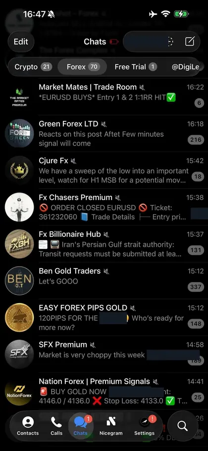 Telegram chat list inside the DIGI LEAK bot, screen 21 of 29, showing VIP signal rooms and their latest messages