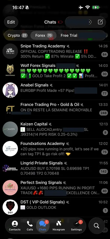 Telegram chat list inside the DIGI LEAK bot, screen 22 of 29, showing VIP signal rooms and their latest messages