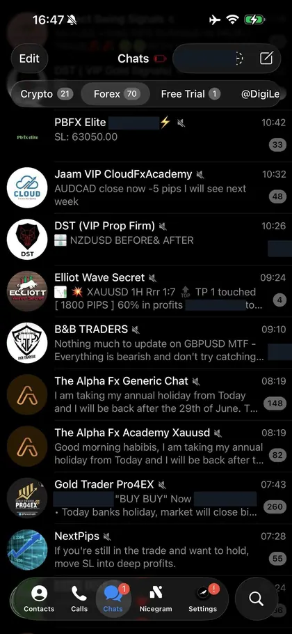 Telegram chat list inside the DIGI LEAK bot, screen 23 of 29, showing VIP signal rooms and their latest messages