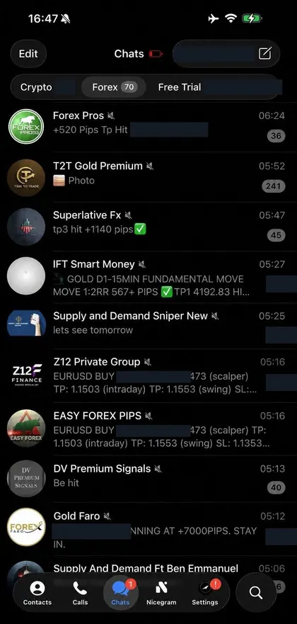 Telegram chat list inside the DIGI LEAK bot, screen 24 of 29, showing VIP signal rooms and their latest messages