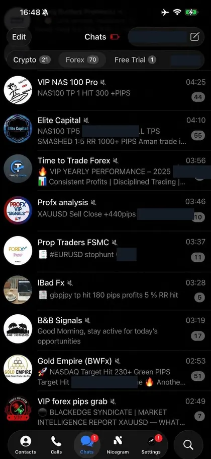 Telegram chat list inside the DIGI LEAK bot, screen 26 of 29, showing VIP signal rooms and their latest messages