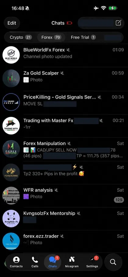 Telegram chat list inside the DIGI LEAK bot, screen 28 of 29, showing VIP signal rooms and their latest messages