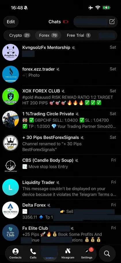 Telegram chat list inside the DIGI LEAK bot, screen 29 of 29, showing VIP signal rooms and their latest messages