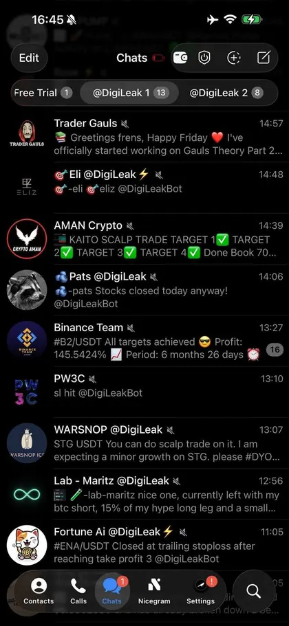 Unedited screenshot of the crypto folders inside a member's Telegram, each VIP channel a separate chat