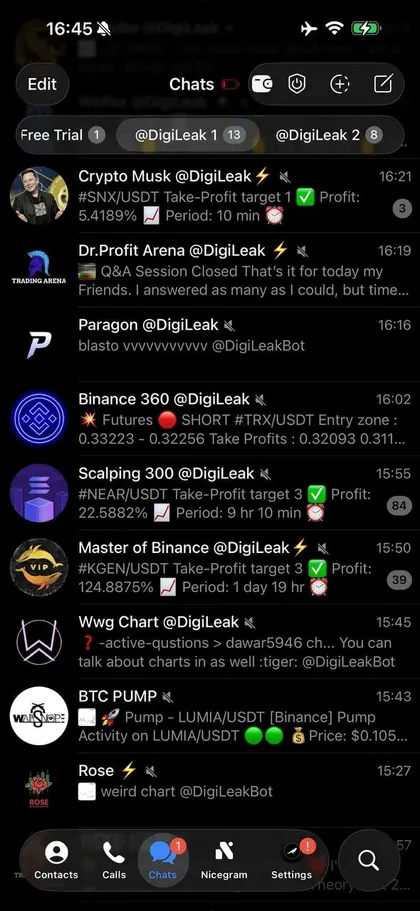 Unedited screenshot of the crypto folders inside a member's Telegram, each VIP channel a separate chat