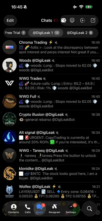 Unedited screenshot of the crypto folders inside a member's Telegram, each VIP channel a separate chat