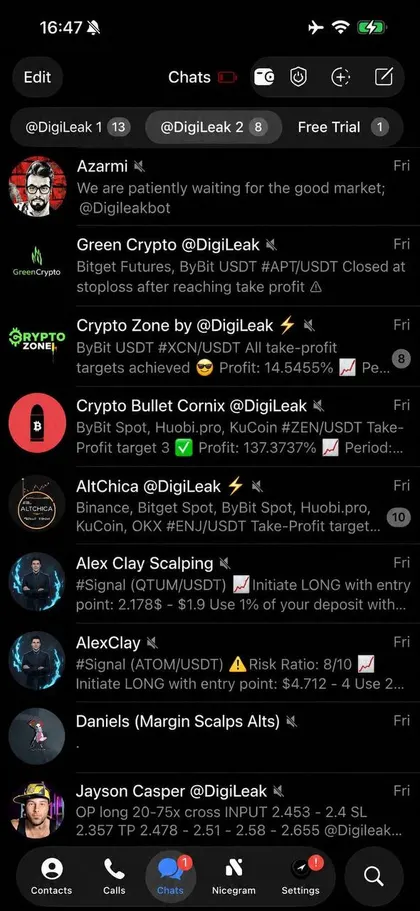 Unedited screenshot of the crypto folders inside a member's Telegram, each VIP channel a separate chat