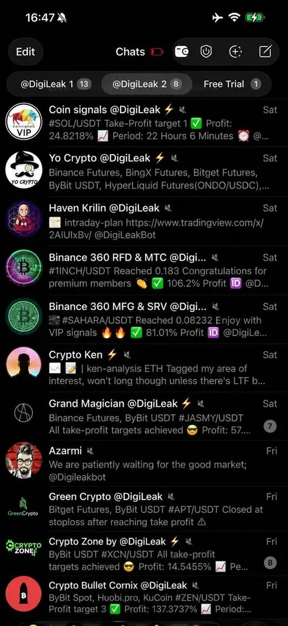 Unedited screenshot of the crypto folders inside a member's Telegram, each VIP channel a separate chat
