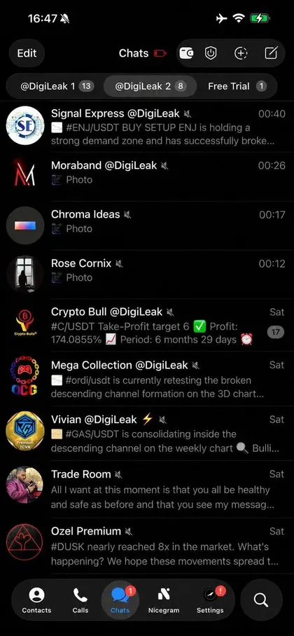 Unedited screenshot of the crypto folders inside a member's Telegram, each VIP channel a separate chat