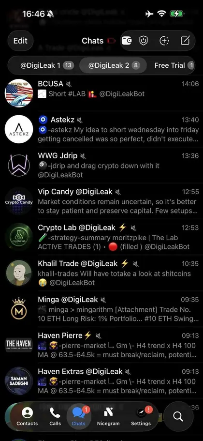 Unedited screenshot of the crypto folders inside a member's Telegram, each VIP channel a separate chat