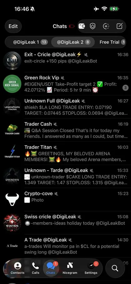 Unedited screenshot of the crypto folders inside a member's Telegram, each VIP channel a separate chat