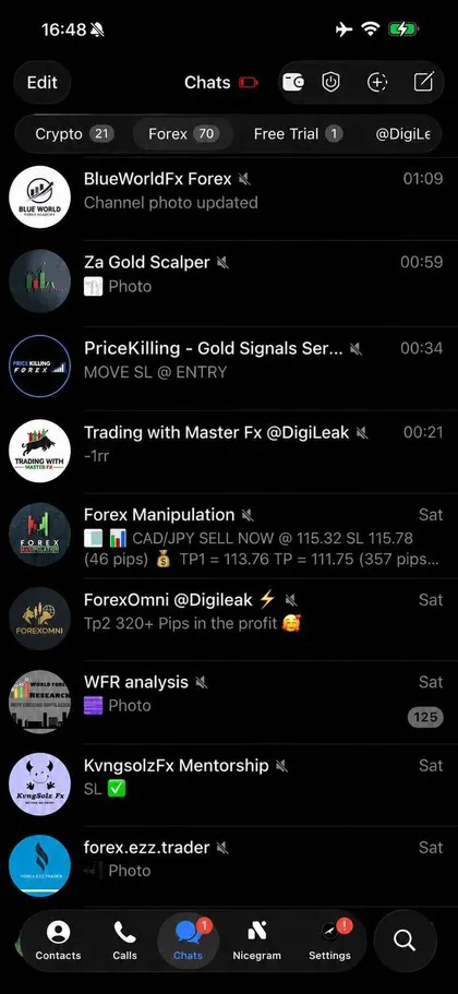 Unedited screenshot of the forex folder inside a member's Telegram, each VIP channel a separate chat