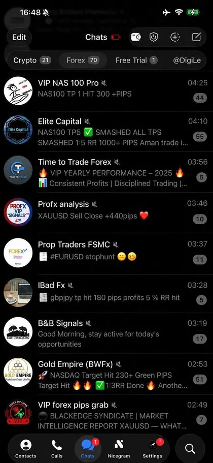 Unedited screenshot of the forex folder inside a member's Telegram, each VIP channel a separate chat