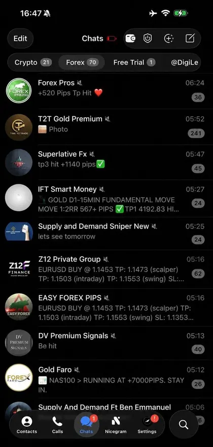 Unedited screenshot of the forex folder inside a member's Telegram, each VIP channel a separate chat