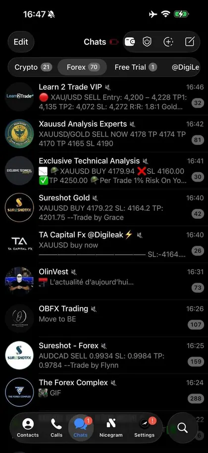 Unedited screenshot of the forex folder inside a member's Telegram, each VIP channel a separate chat