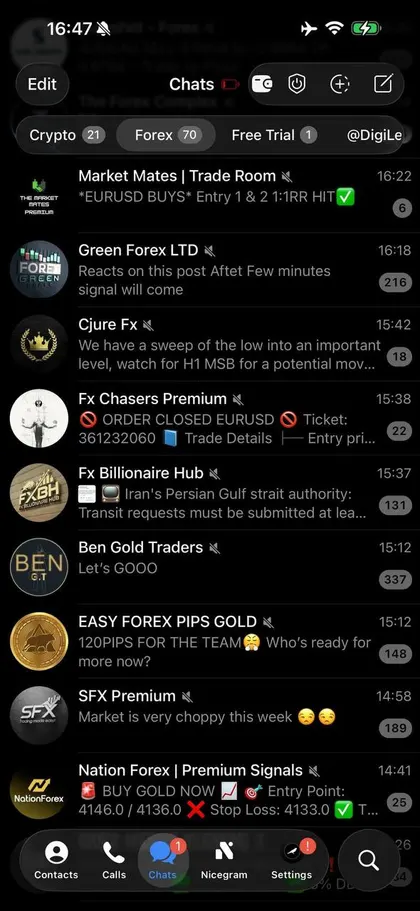 Unedited screenshot of the forex folder inside a member's Telegram, each VIP channel a separate chat